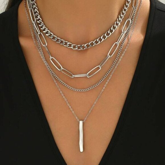 Jewelry - Layered Sterling Silver Chain Necklace Set – 4 Strands with Pendant